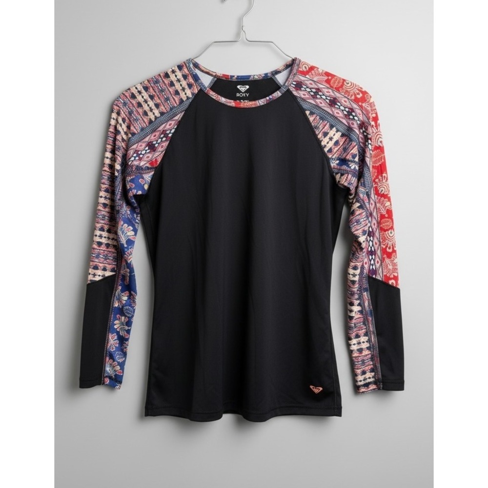 Roxy Womens XL Rash Guard Long Sleeve Swim Shirt Black Printed Sleeves